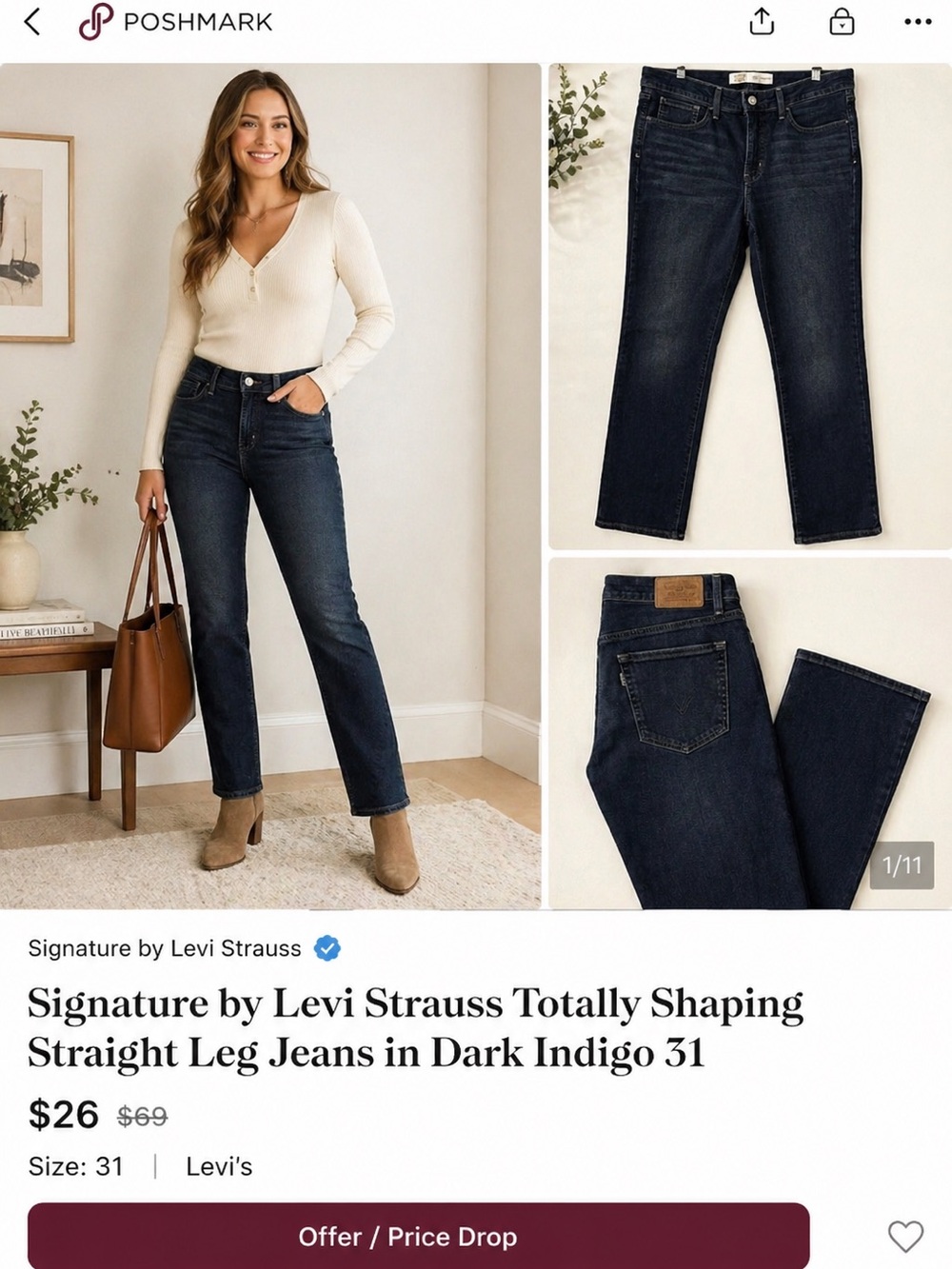 Signature by Levi Strauss Totally Shaping Straight Leg Jeans in Dark Indigo 31